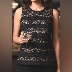 NWT J. Crew Black Lace Overlay Tweed Fringe Sleeveless Top Sz Small